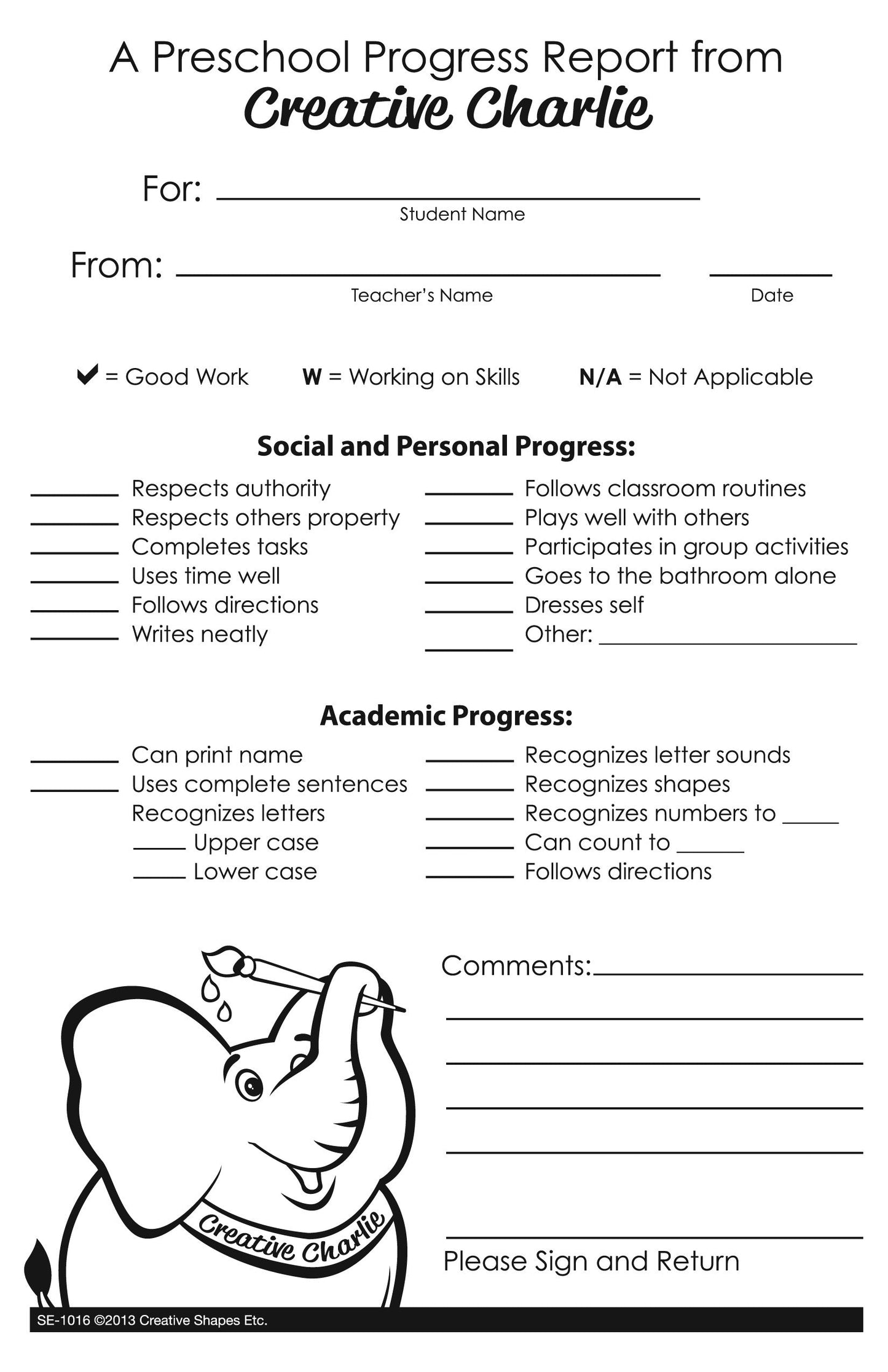 SHAPES ETC.  Notes from Teachers - Creative Charlie Preschool Progress Report
