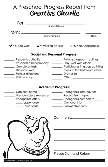 SHAPES ETC.  Notes from Teachers - Creative Charlie Preschool Progress Report