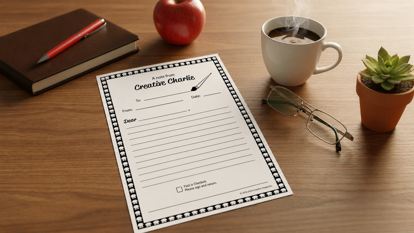 SHAPES ETC. Notes from Teachers - Creative Charlie Primary  Blank Note