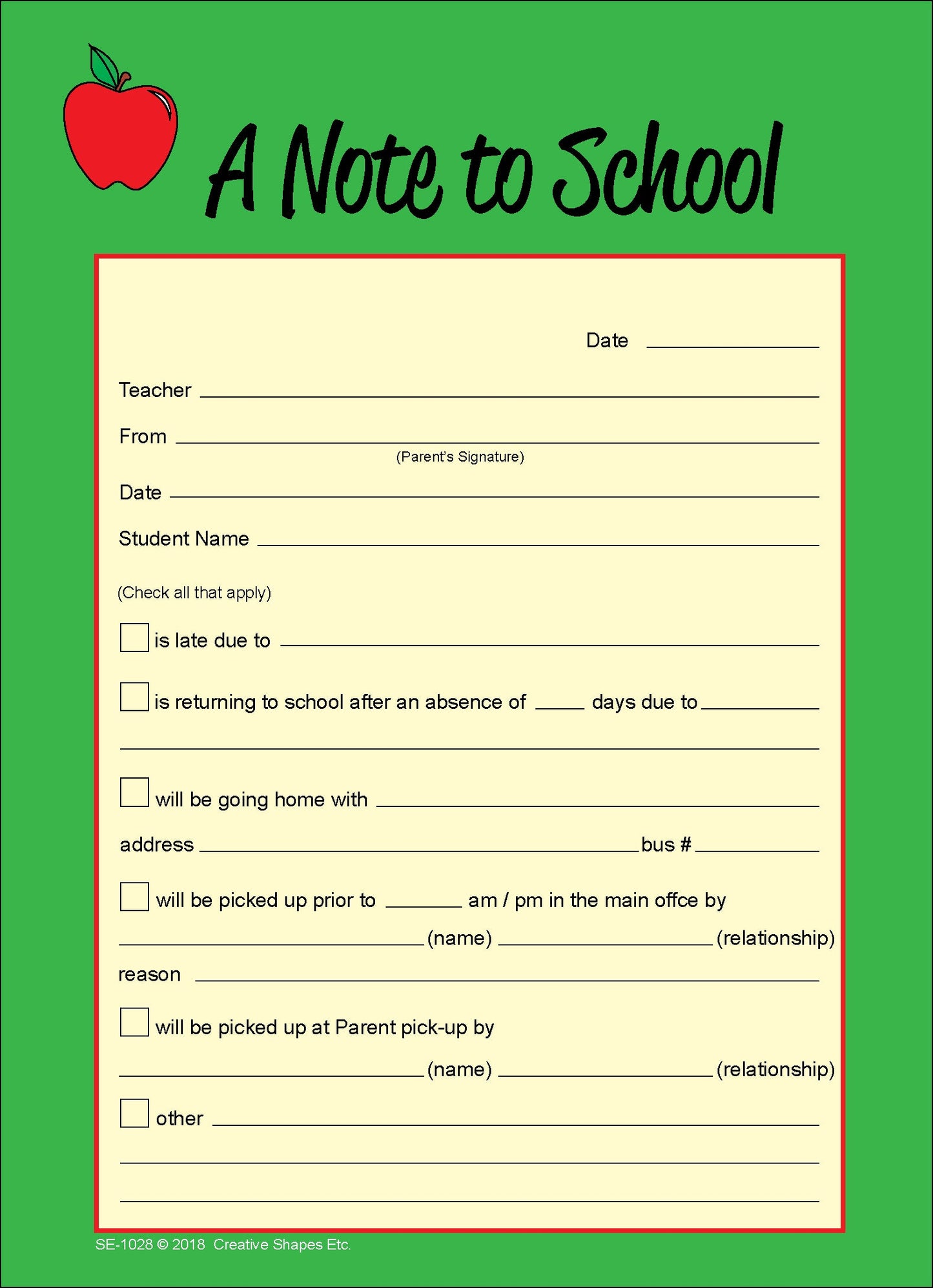 SHAPES ETC. Note to School – Notes to Parents