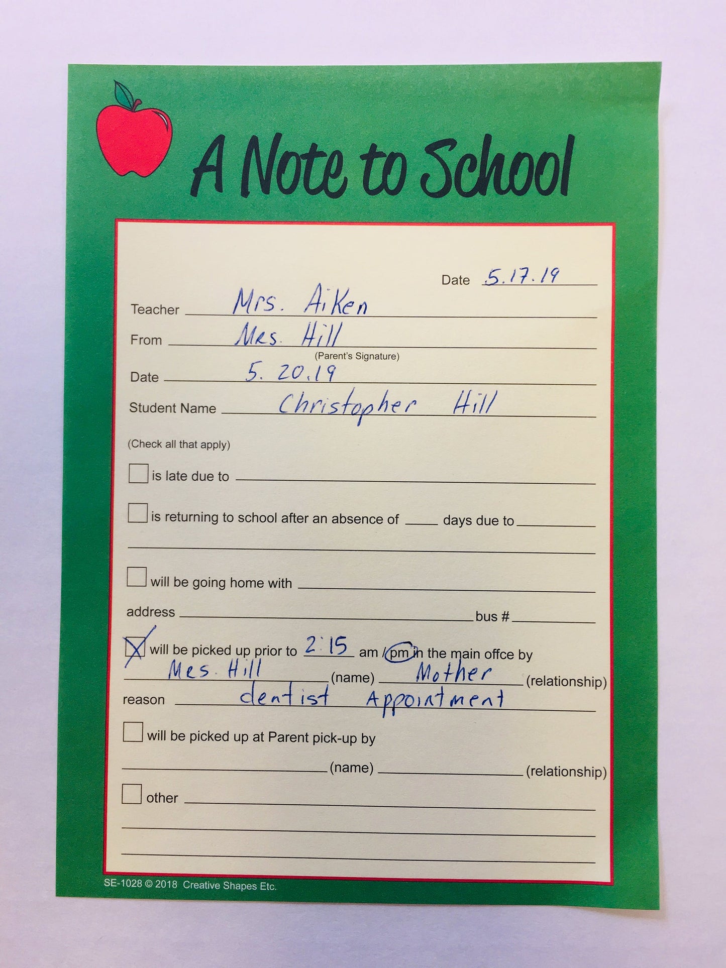 SHAPES ETC. Note to School – Notes to Parents