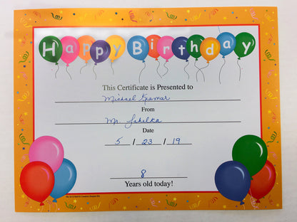 SHAPES ETC. Recognition Certificate - Birthday