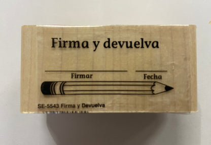 SHAPES ETC.  Teacher's Stamp Spanish - Firma y devuelva (Sign & Return)