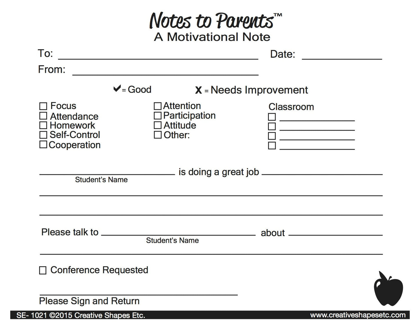 SHAPES ETC. Motivational - Notes to Parents