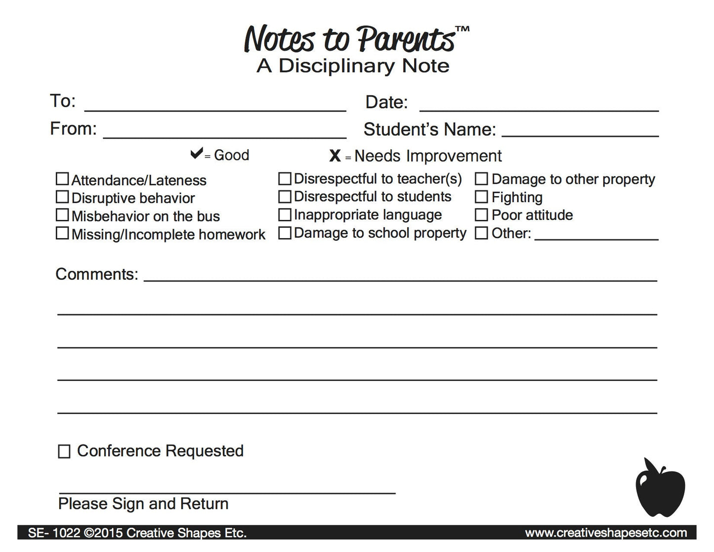 SHAPES ETC. Disciplinary - Notes to Parents