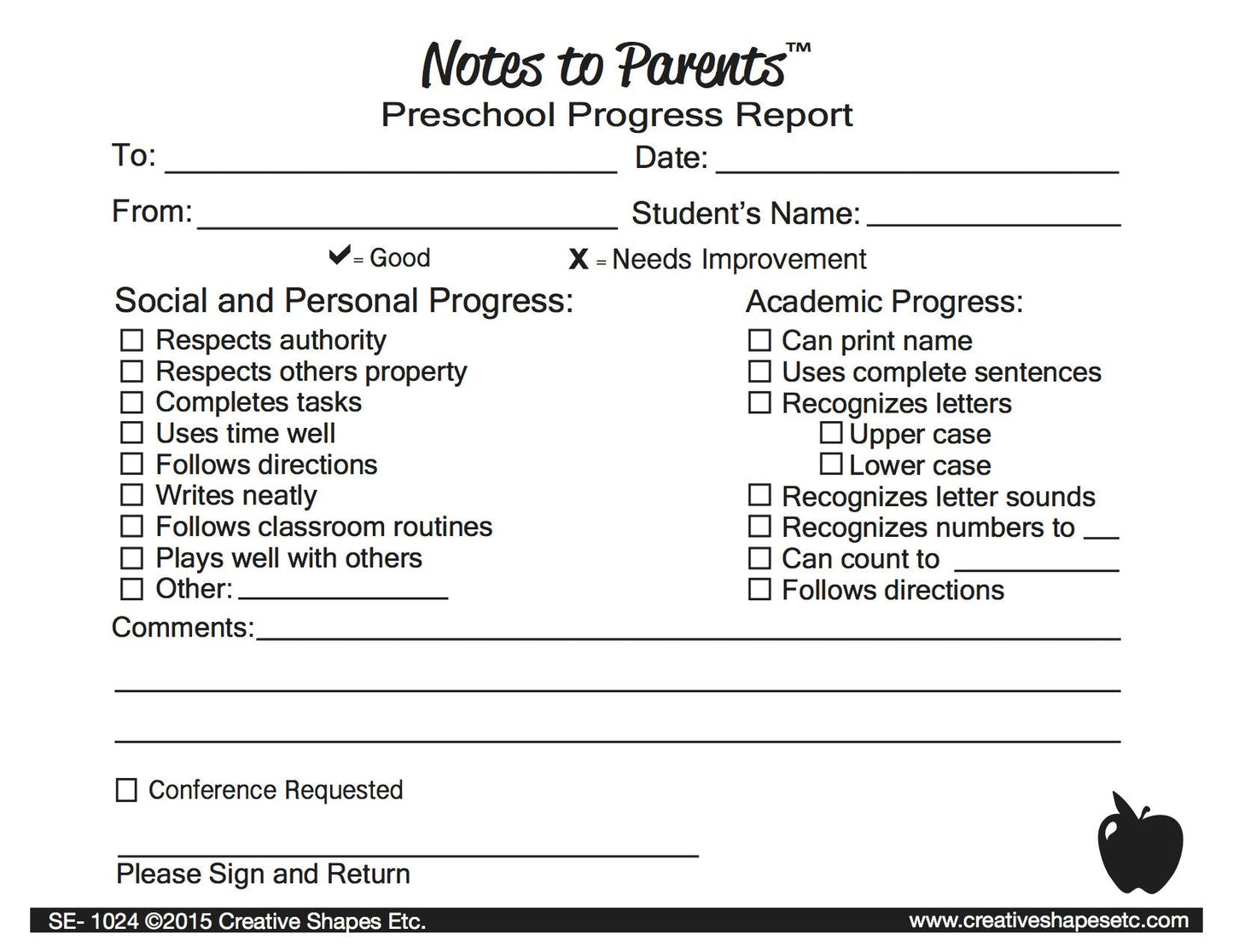 SHAPES ETC. Preschool Progress Report - Notes to Parents