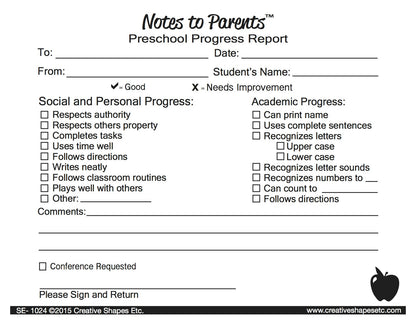 SHAPES ETC. Preschool Progress Report - Notes to Parents