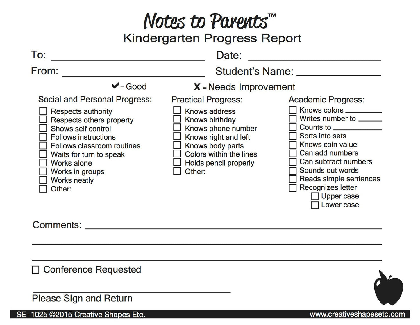SHAPES ETC. Kindergarten Progress Reports - Notes to Parents