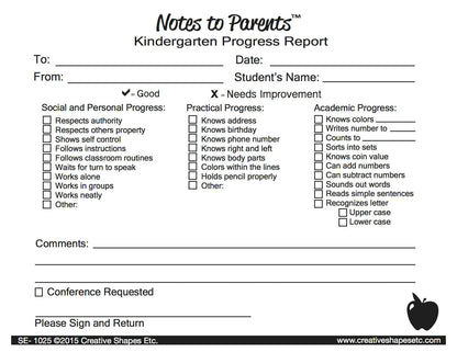 SHAPES ETC. Kindergarten Progress Reports - Notes to Parents