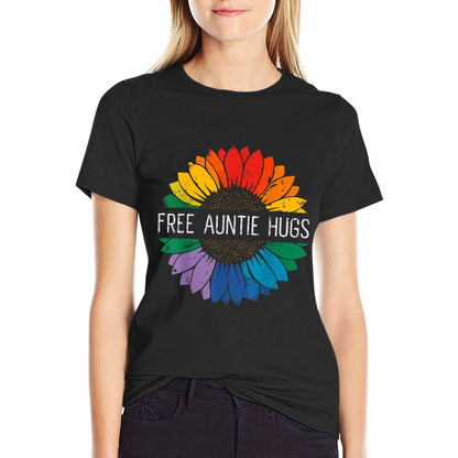Free Auntie Hugs, LGBT Gay Lesbian Pride Month Rainbow  Wrinkle-resistant T-Shirt
