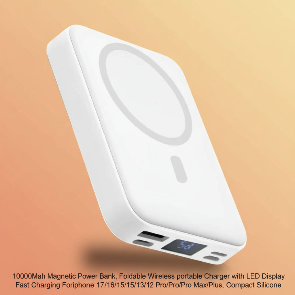 10000Mah Magnetic Power Bank,Foldable Wirelessportable Charger with LED Display,Fast Charging Foriphone 17/16/15/14/13/12 Pro/Pro Max/Plus, Compact Silicone