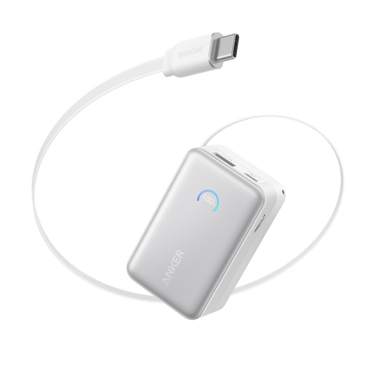 Anker Nano 10K 45W power bank with built-in retractable USB-C cable, compact portable charging device for smartphones and devices.