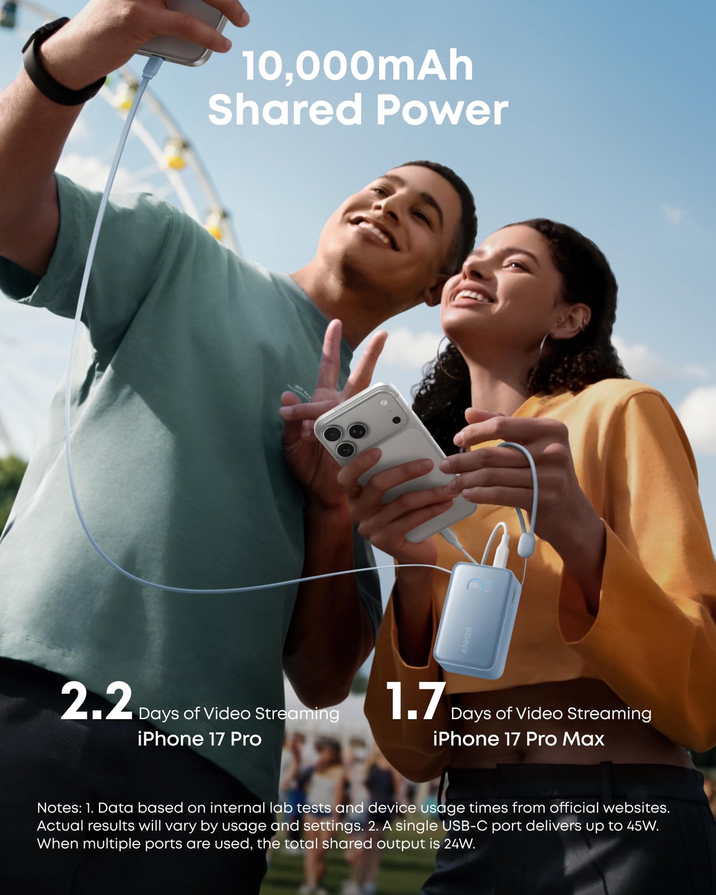 Anker Nano Power Bank 10K with 45W output and built-in retractable USB-C cable, white portable charging device.