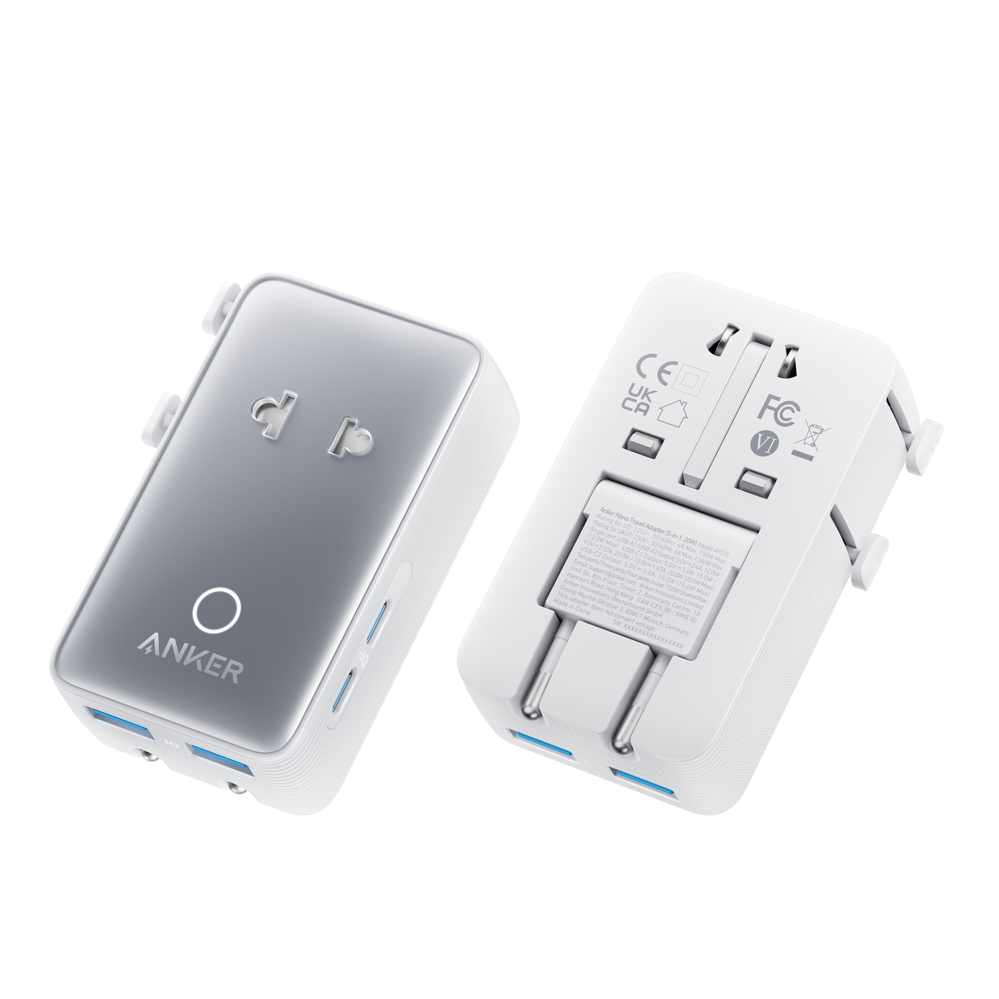 Anker Nano 5-in-1 travel adapter in white, compact 20W charger with multiple ports for versatile device charging.