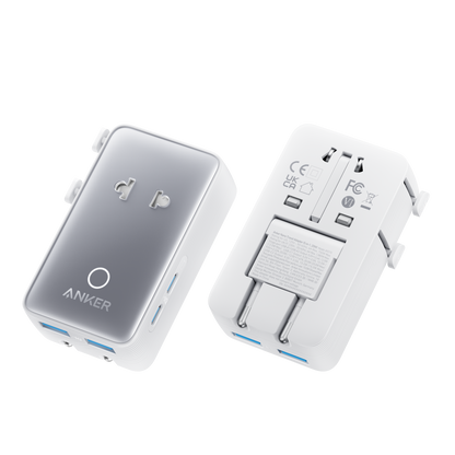 Anker Nano 5-in-1 travel adapter in white, compact 20W charger with multiple ports for versatile device charging.