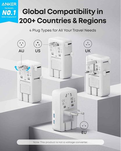 Anker Nano 5-in-1 20W travel adapter in white with multiple USB ports, compact design, and foldable prongs for versatile charging.