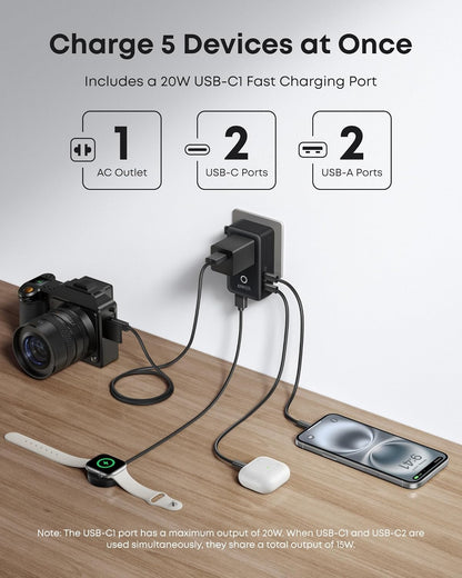 Anker Nano 5-in-1 travel adapter in white with multiple ports, compact design, 20W power for charging devices.