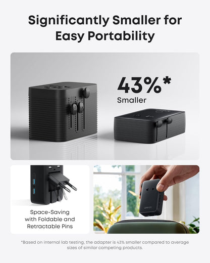 Anker Nano 5-in-1 travel adapter in white with multiple USB ports and compact design for charging devices on the go.