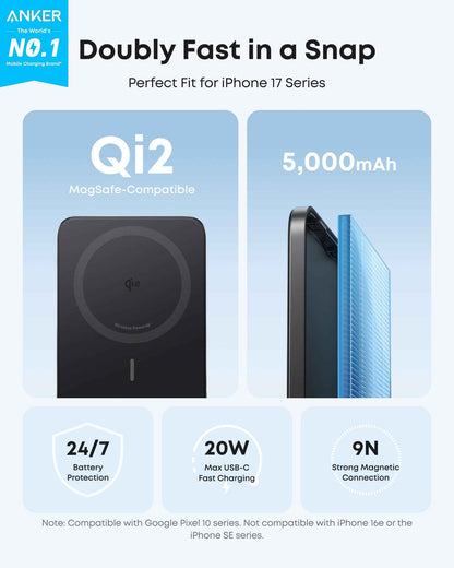 Black Anker Nano Power Bank 5K with MagGo Slim design, compact portable charger for smartphones and devices.