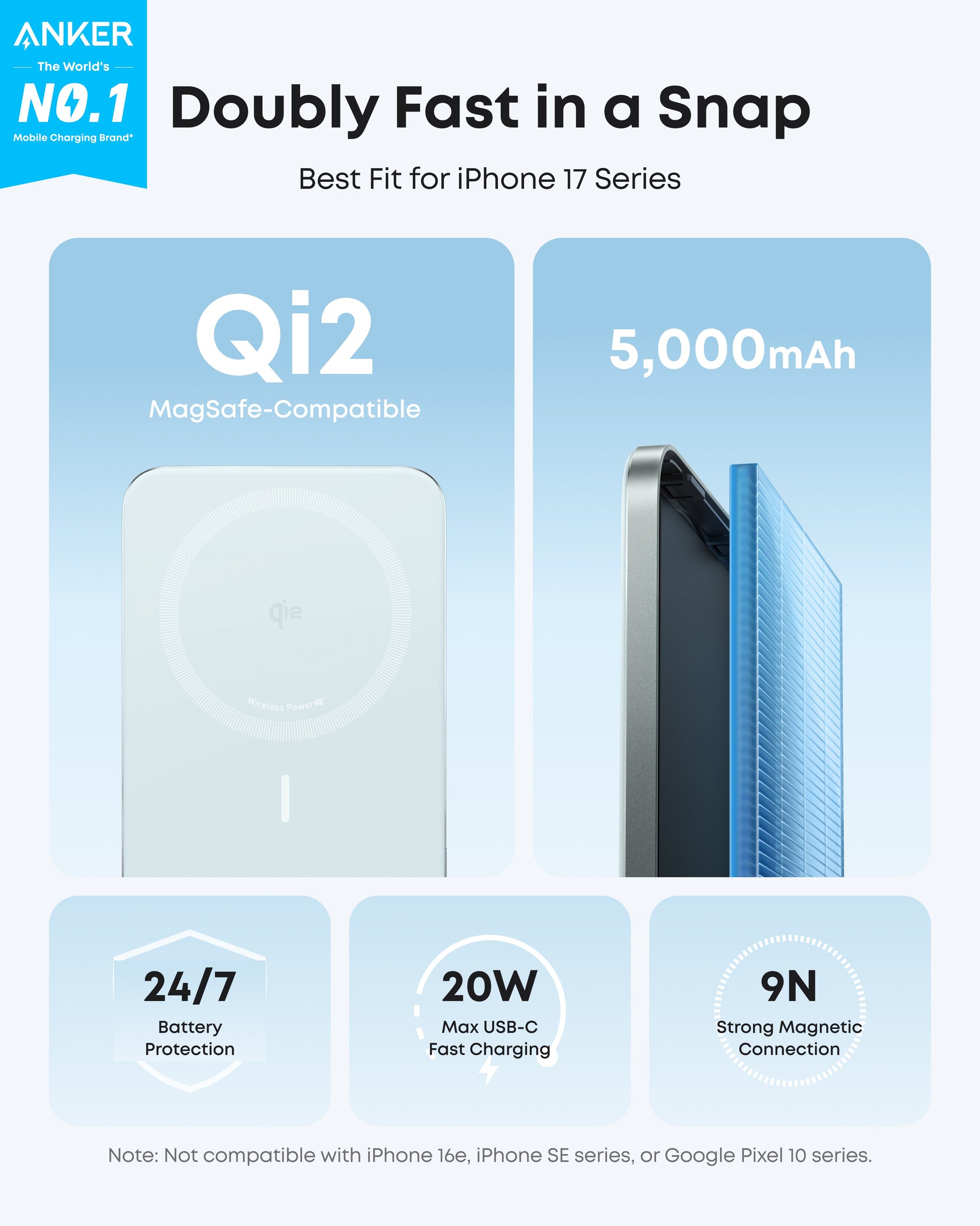 Black Anker Nano Power Bank 5K with MagGo and Slim design, compact and portable for on-the-go charging.