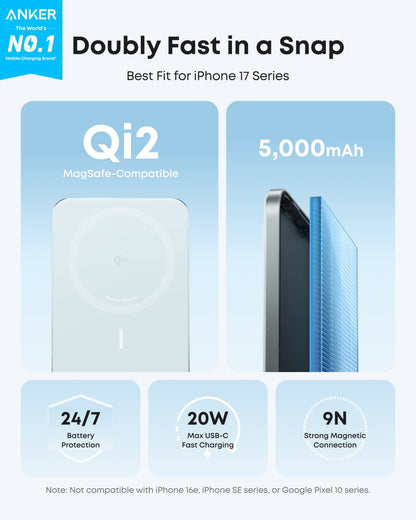Black Anker Nano Power Bank 5K with MagGo and Slim design, compact and portable for on-the-go charging.