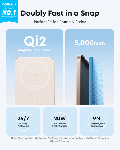 Black Anker Nano Power Bank 5K with MagGo, slim portable design, shown with charging port and compact size for on-the-go use.