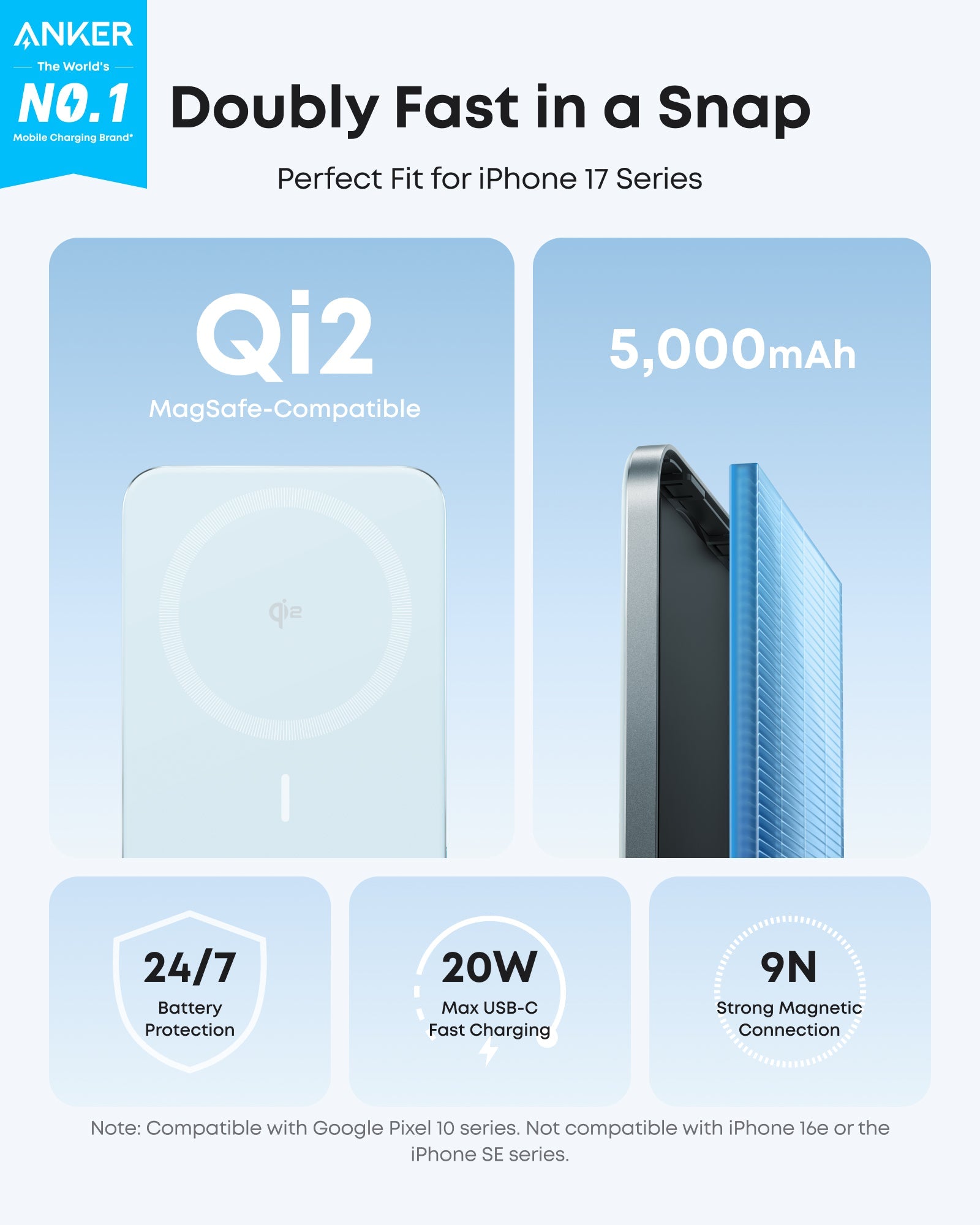 Black Anker Nano 5K MagGo Slim Power Bank with compact design, portable external battery for charging devices on the go.