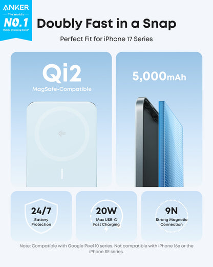 Black Anker Nano 5K MagGo Slim Power Bank with compact design, portable external battery for charging devices on the go.