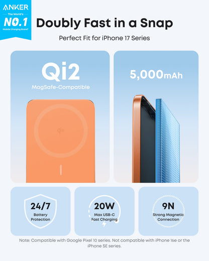 Black Anker Nano 5K Power Bank with MagGo and slim design, portable for charging on the go.