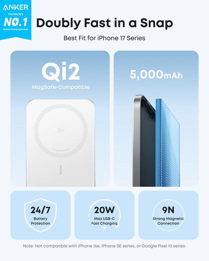 Black Anker Nano 5K Power Bank with MagGo slim design, portable USB-C portable charger for smartphones and devices.