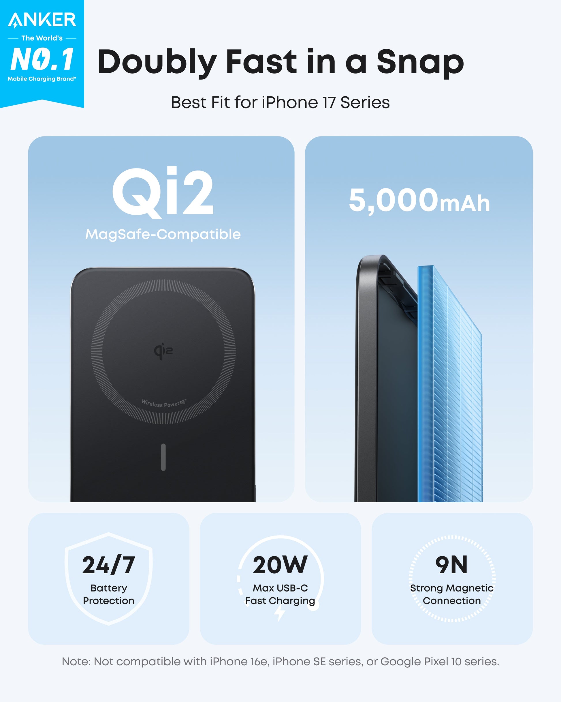 Black Anker Nano Power Bank 5K with MagGo, slim design, portable USB-C battery pack for charging devices on the go.