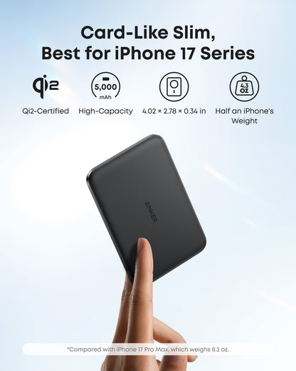 Black Anker Nano Power Bank 5K with MagGo, slim portable charger shown in the image.