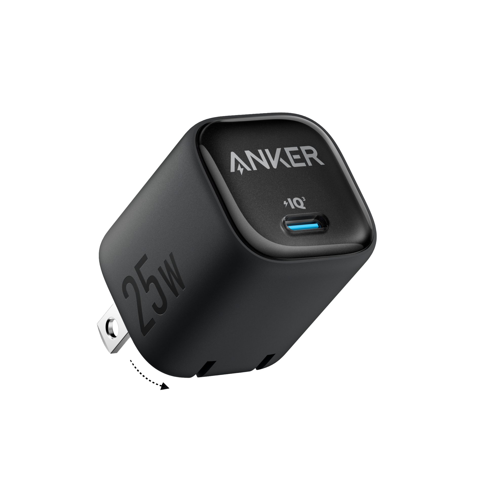 Black Anker 25W compact charger with USB-C port, designed for fast and efficient device charging.
