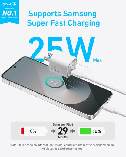 Black Anker 25W compact charger with USB-C port, designed for fast and efficient smartphone and device charging.