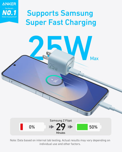 Anker 25W compact black charger with USB-C port for fast charging devices.