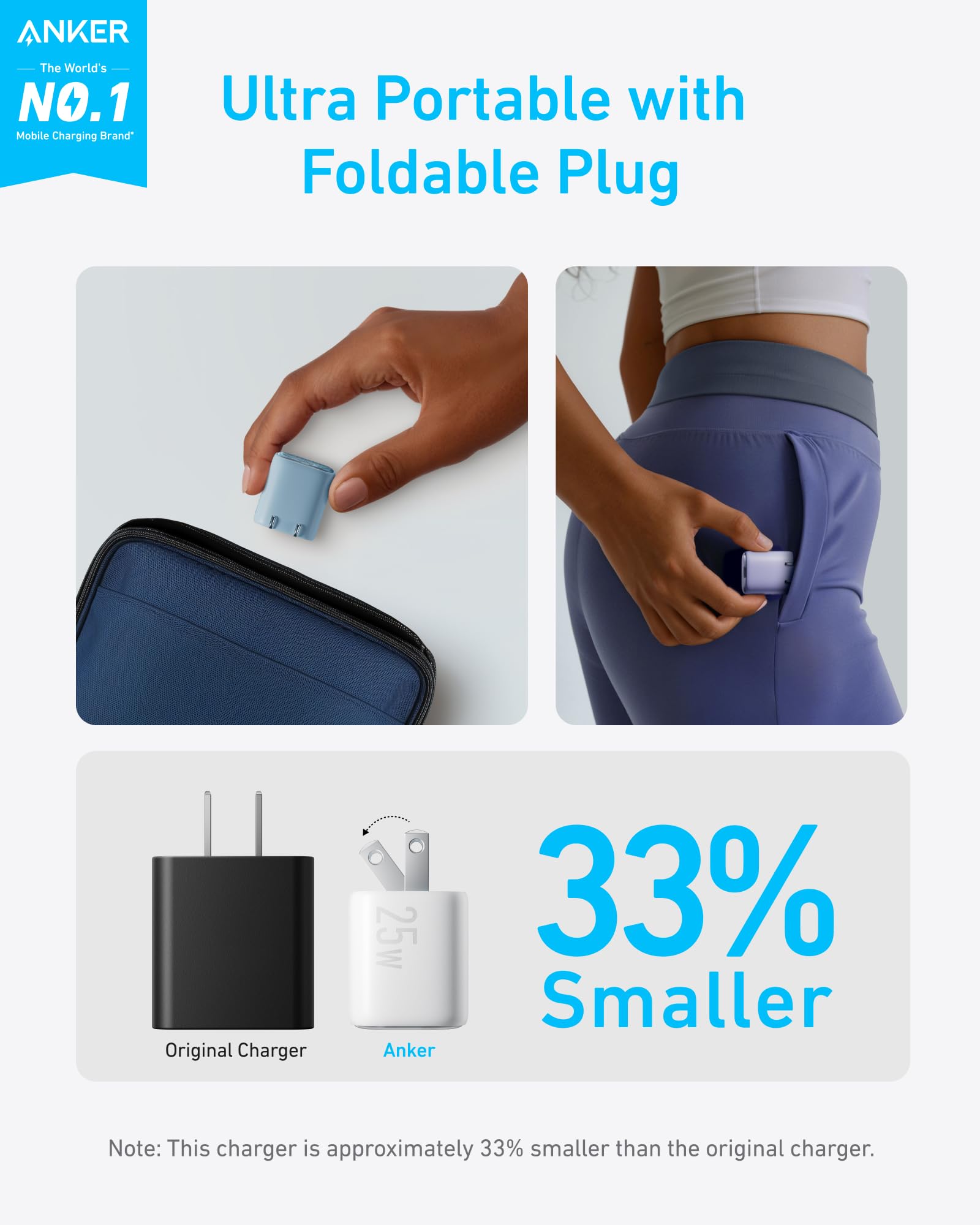 Black Anker 25W compact charger with USB-C port, shown on a white background, ideal for fast charging devices.