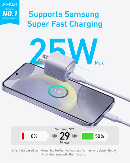 Black Anker 25W compact charger with USB-C port, designed for fast and efficient device charging.