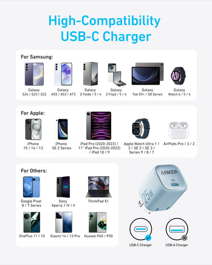 Black Anker 25W compact charger with foldable prongs, designed for fast and portable charging of smartphones and devices.