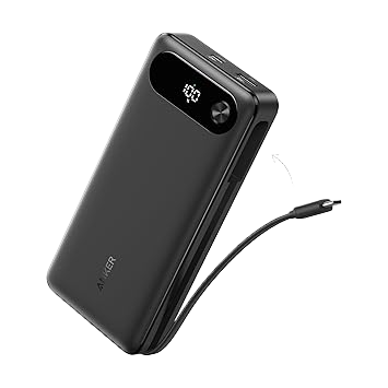 Anker 20KmAh power bank with 87W output and built-in USB-C cable for charging devices on the go.
