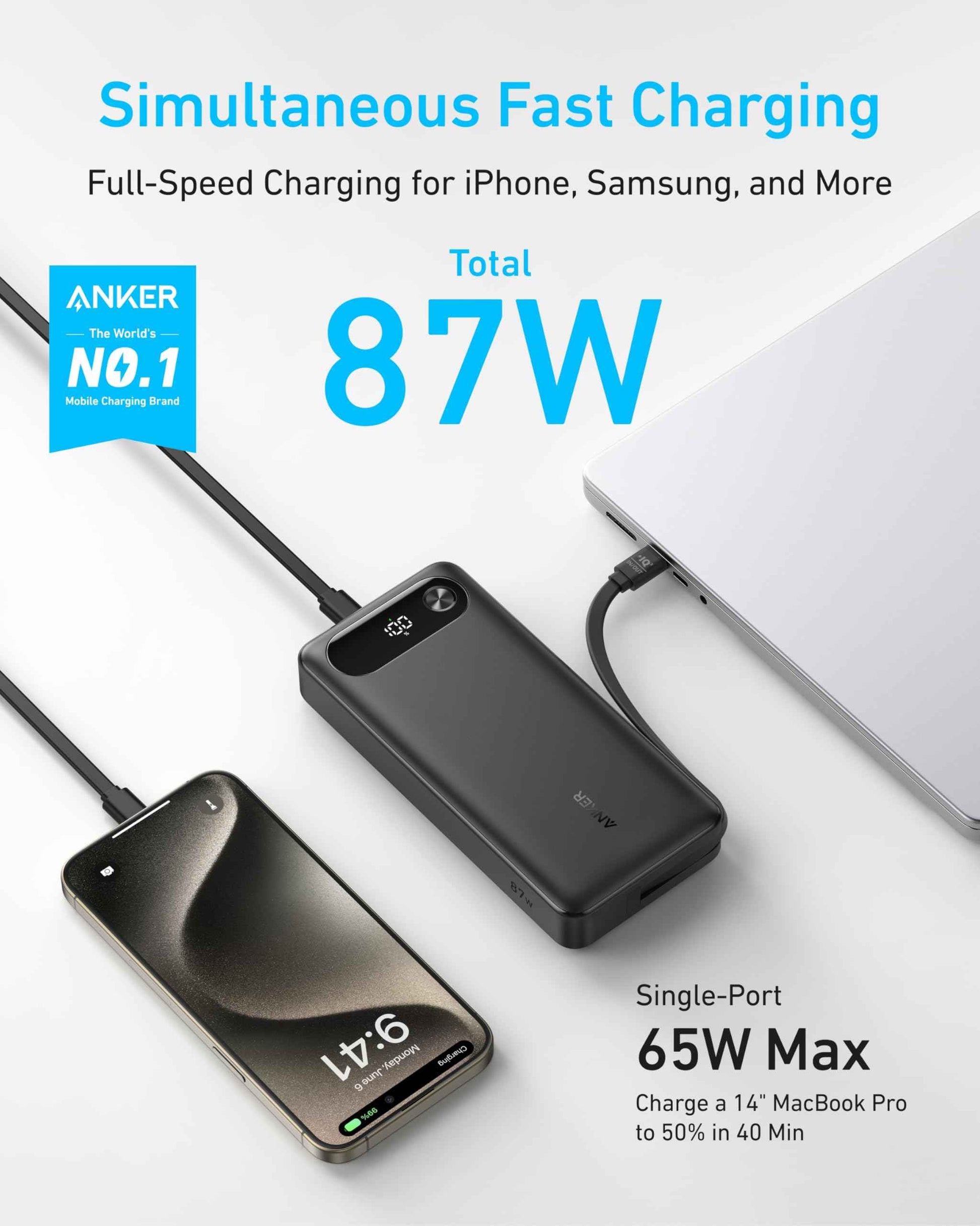 Anker Power Bank 20K with 87W output and built-in USB-C cable, black portable charger for smartphones and devices.