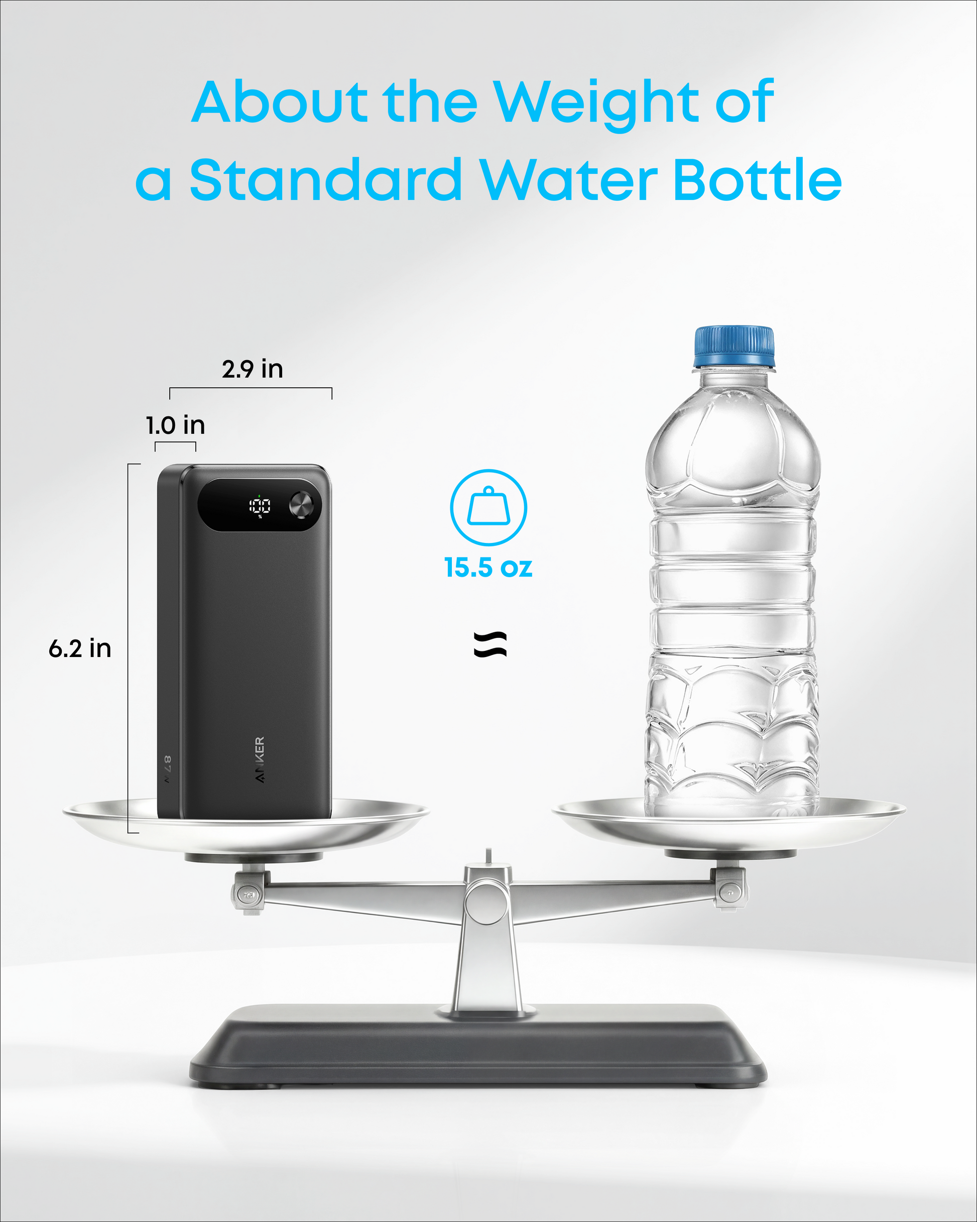 Black Anker Power Bank with 20,000mAh capacity, 87W charging, and built-in USB-C cable for portable device charging.