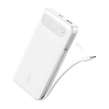 Anker Power Bank 20K with 87W output and built-in USB-C cable, black portable charger for smartphones and devices.