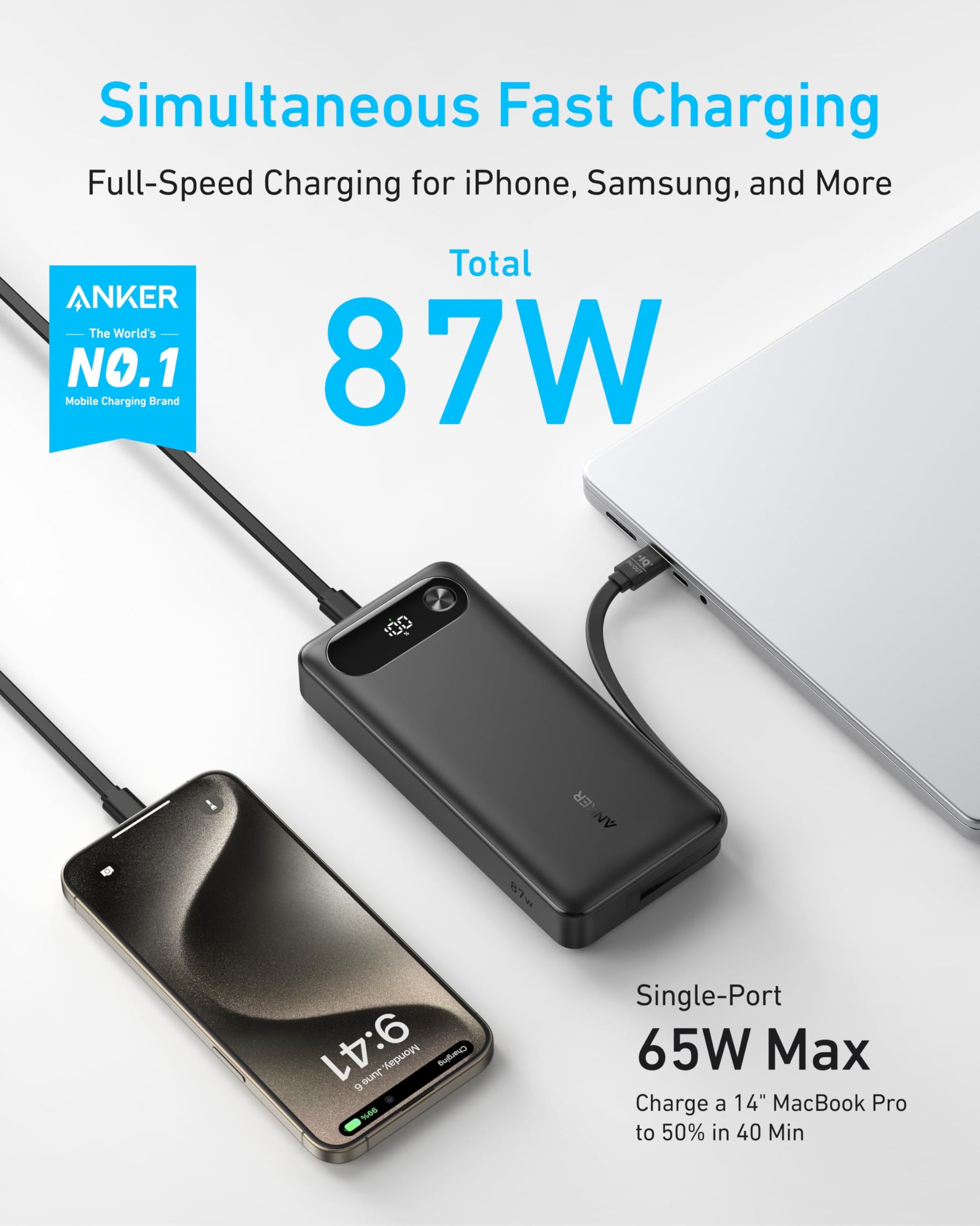 Anker 20,000mAh black power bank with 87W output and built-in USB-C cable for fast charging devices.