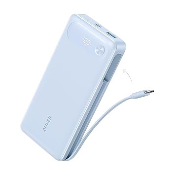 Black Anker Power Bank with 20,000mAh capacity, 87W output, and built-in USB-C cable for portable device charging.