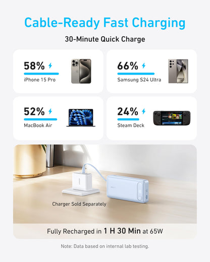Anker Power Bank 20K with 87W output and built-in USB-C cable, black portable charger for smartphones and devices