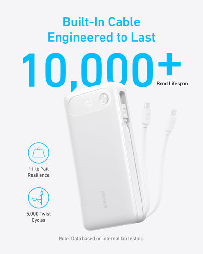 Black Anker Power Bank with 20,000mAh capacity, 87W output, and built-in USB-C cable for fast charging.