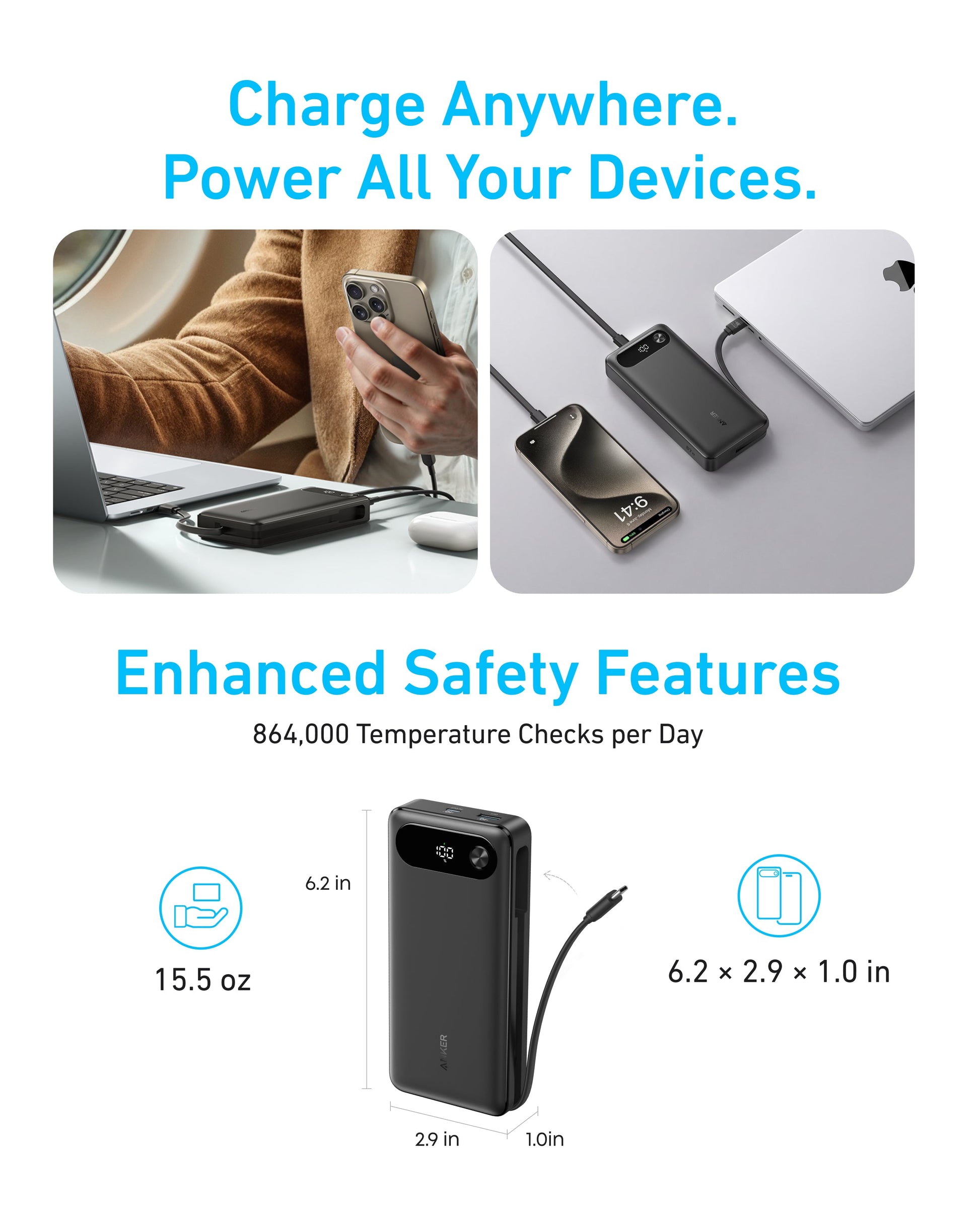 Anker 20K Power Bank with built-in USB-C cable and 87W fast charging, black portable charger for smartphones and devices.