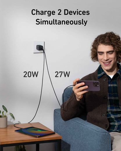 Anker 523 Nano 3 47W charger in black with compact design and USB-C port for fast device charging.