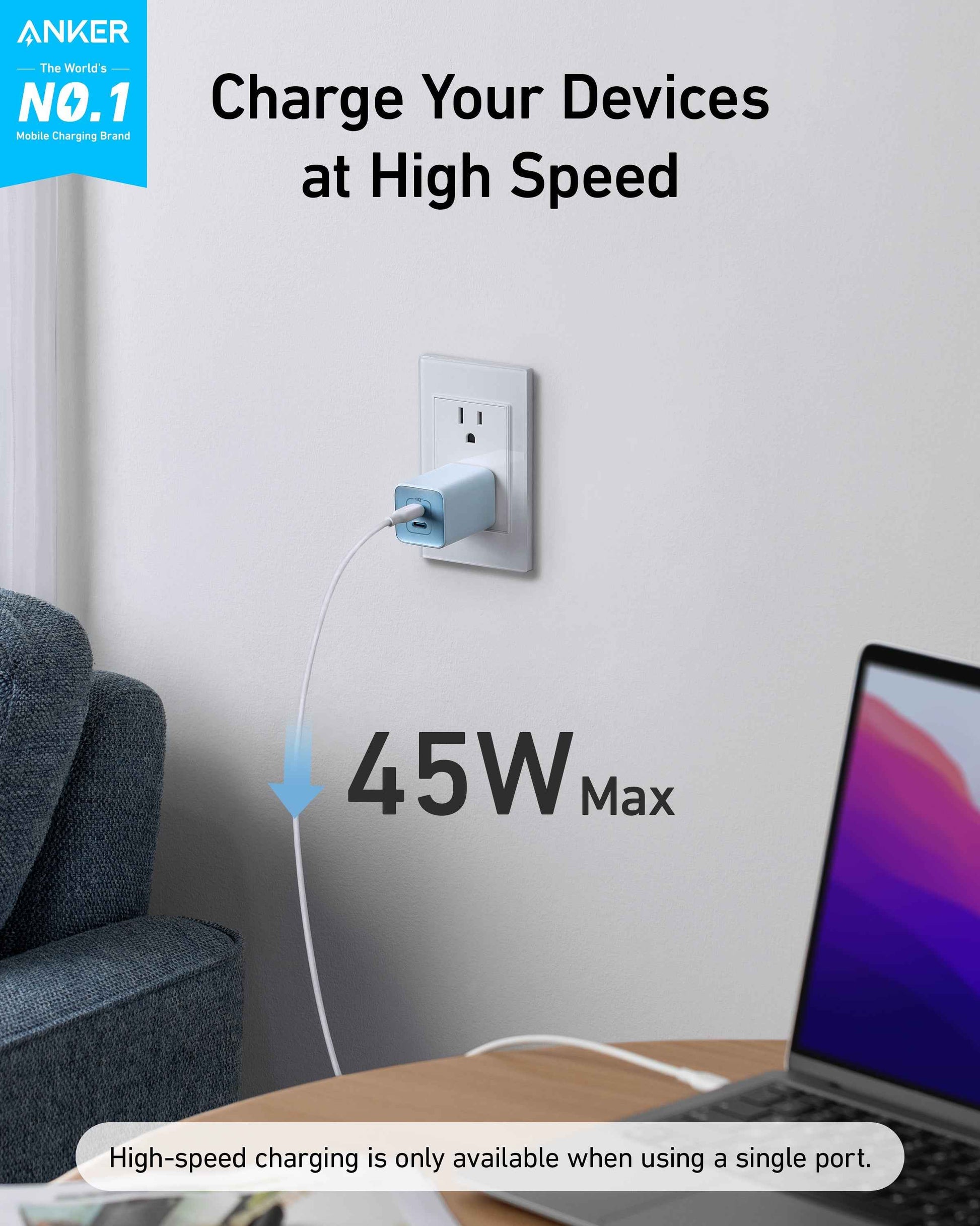 Anker 523 Nano 3 47W charger in black, compact stone design with USB-C port for fast charging devices.