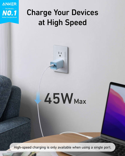 Anker 523 Nano 3 47W charger in black, compact stone design with USB-C port for fast charging devices.